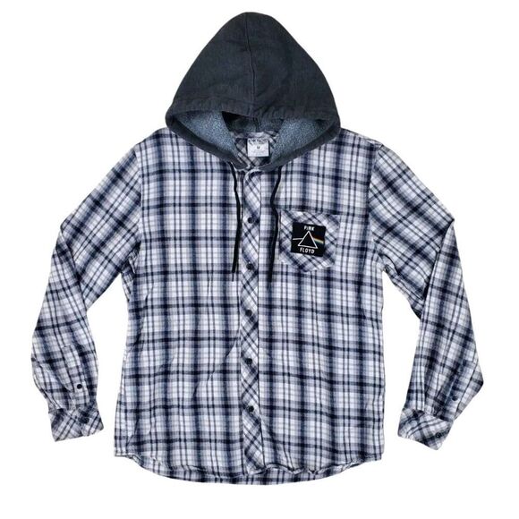 Pink Floyd Hooded Flannel Shirt Men M Black White Plaid Dark Side Of Moon '73 LS - Picture 6 of 11